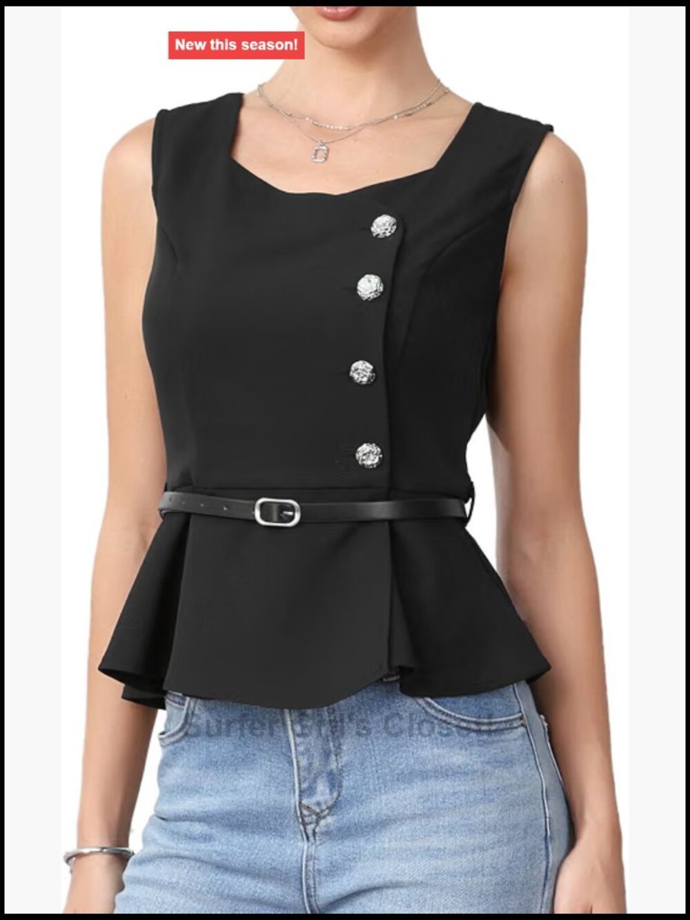 Sleeveless Peplum Blouse with Belt Button Down Ruffle Hem